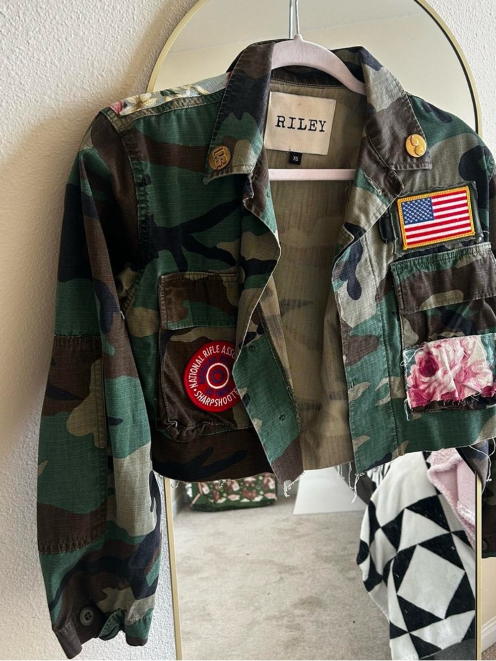 Riley camo cropped jacket with floral back and patches